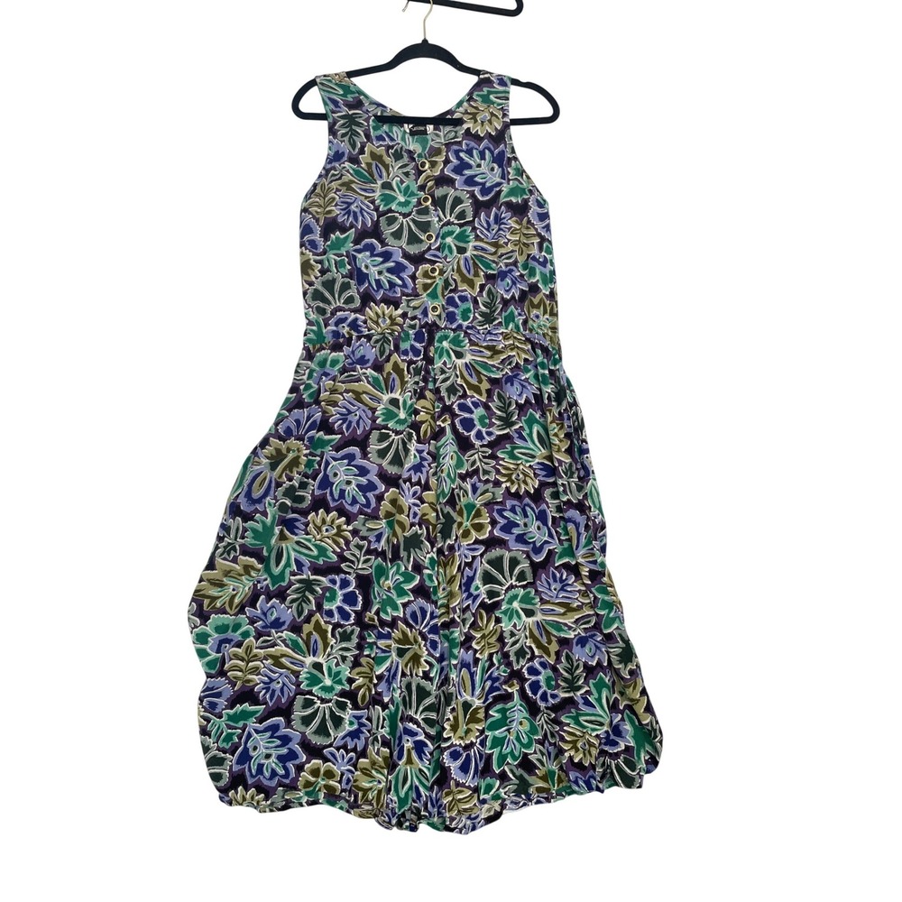 Erika Floral Dress Womens Small Purple Green Rayon Button Front Midi Vintage 90s - Picture 2 of 11